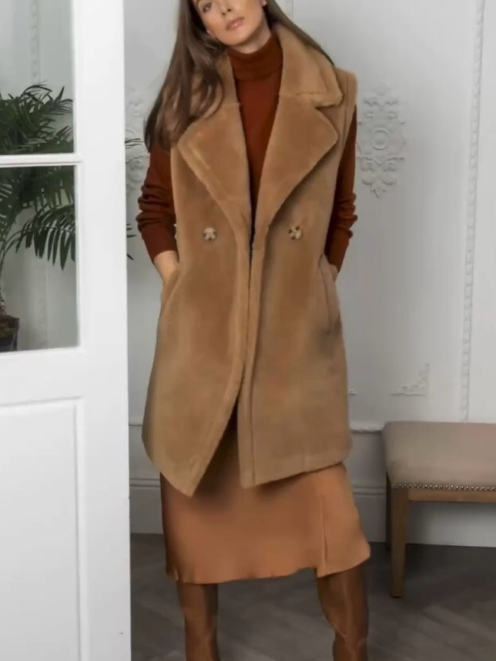 Dolce Cabo Camel Faux Fur Double-Breasted Vest